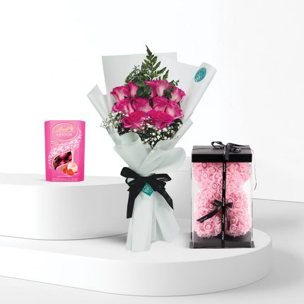 pink roses bouquet and chocolate with pink foam rose teddy bear