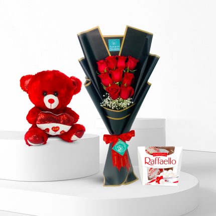 red roses bouquet and gifts