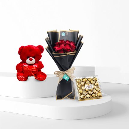 Beautiful Red Rose With Chocolate & Teddy
