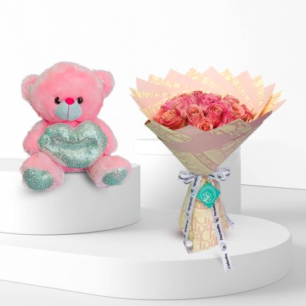 budget friendly luxury gift teddy and flower bouquet