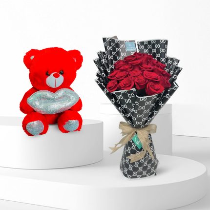 red roses and teddy bear combo