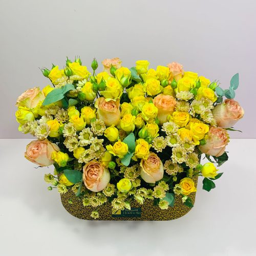 yellow theme flower box arrangement