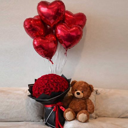 Vsanantine day rose bouquet with gifts, Teddy bear, Red heart Foil Balloon
