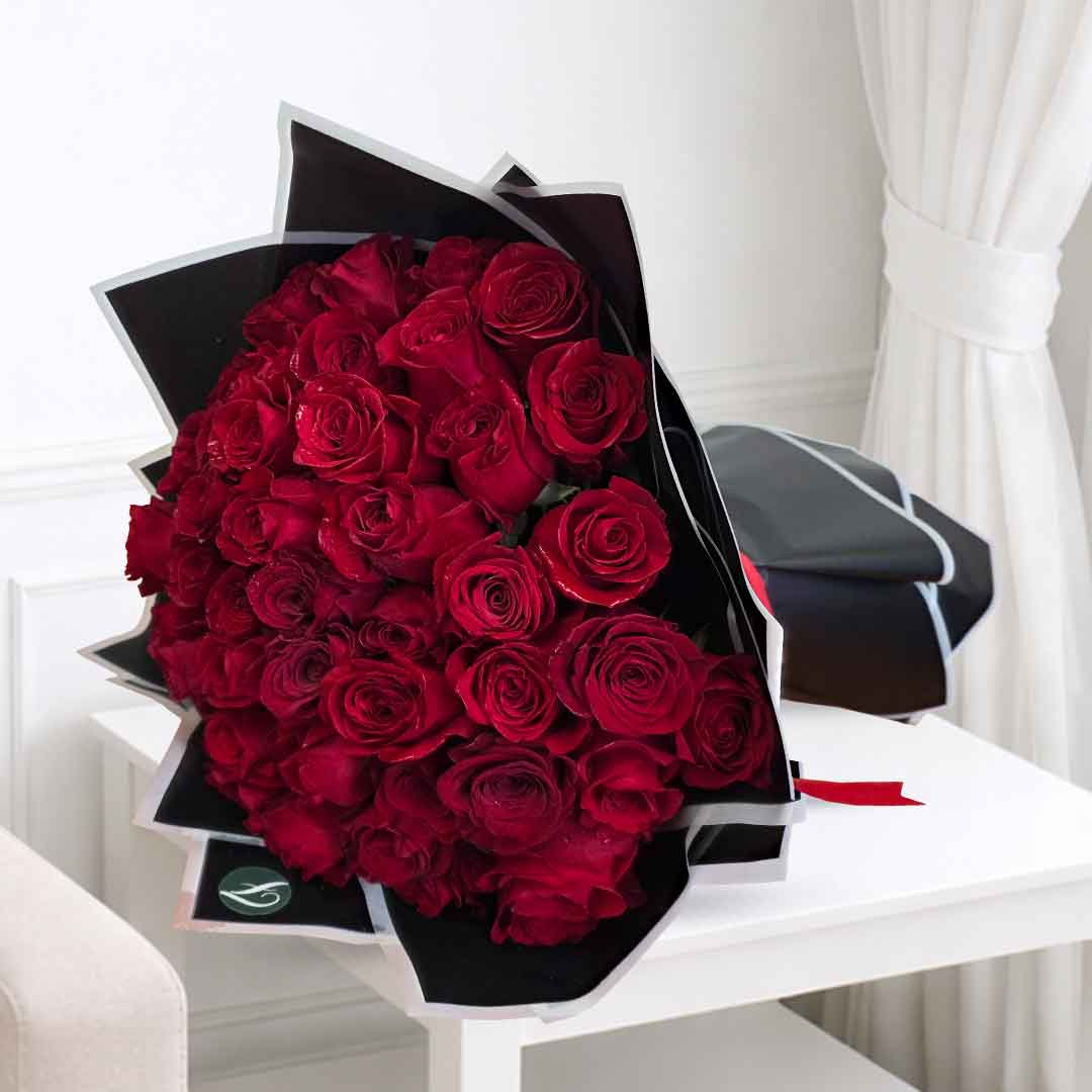 50 Red Roses Bouquet - Premium Luxury Fresh Red Roses Luxury 50 Red Roses Bouquet handcrafted with premium fresh red roses in elegant wrapping for romantic occasions with same-day flower delivery in Doha, Qatar.