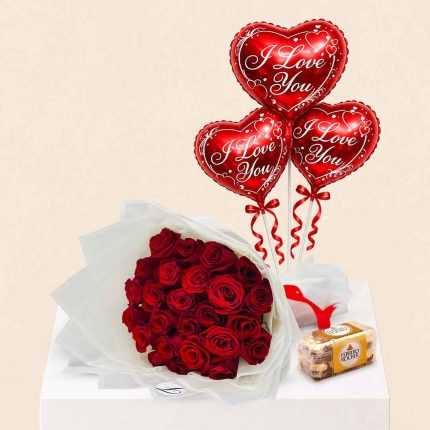 25 Red Roses Bouquet with I Love You Heart Foil Balloon & Ferrero Rocher Chocolate | Florabella Qatar