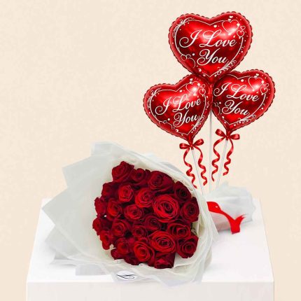 25 fresh red roses bouquet paired with a heart-shaped foil balloon, luxury romantic flower combo for birthdays, anniversaries, Valentine's Day and special occasions with same-day delivery in Doha, Qatar by Florabella Flowers.