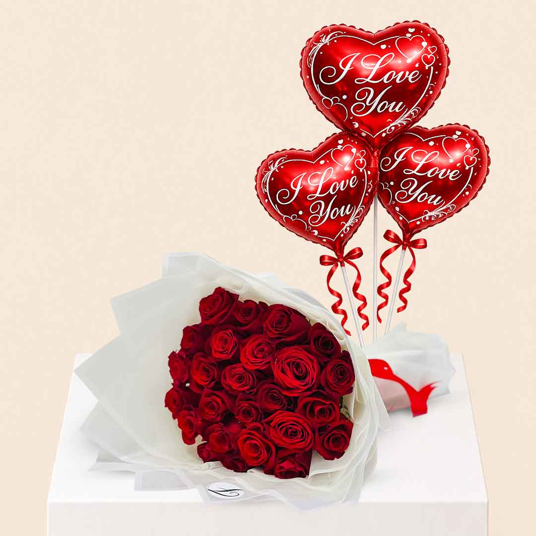25 Red Roses Bouquet with Heart Foil Balloon | Romantic Flower Combo Qatar | Florabella 25 fresh red roses bouquet paired with a heart-shaped foil balloon, luxury romantic flower combo for birthdays, anniversaries, Valentine's Day and special occasions with same-day delivery in Doha, Qatar by Florabella Flowers.