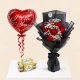 Luxury Ferrero Rocher chocolate gift combo featuring a fresh red roses bouquet and red heart foil balloon with same-day flower delivery in Doha, Qatar. Perfect for birthdays, anniversaries, Valentine's Day, romantic surprises, and special occasions.