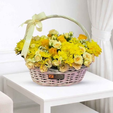 Luxury Yellow Mixed Flower Basket with fresh yellow roses, chrysanthemums, lilies, spray roses and seasonal flowers in an elegant basket for same-day flower delivery in Doha, Qatar.