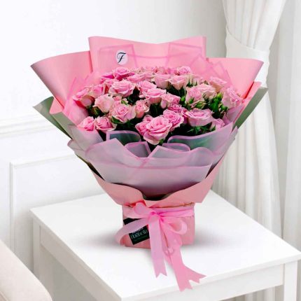 20 Stems Pink Baby Roses Stand Bouquet with Fresh Pink Spray Roses | Luxury Flower Delivery Qatar