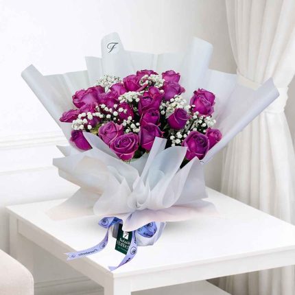 Elegant fresh purple roses bouquet with luxury wrapping, handcrafted for birthdays, anniversaries, romantic occasions, and same-day flower delivery across Doha and Qatar