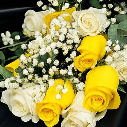 Elegant Yellow & White Roses Bouquet in Luxury Black Wrapping