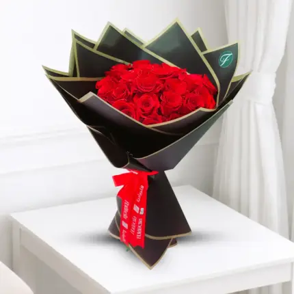 25 red roses bouquet with elegant black and golden border wrapping, luxury flower delivery in Qatar