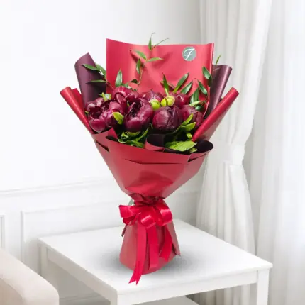 Maroon peony luxury bouquet with elegant fresh flowers in Qatar