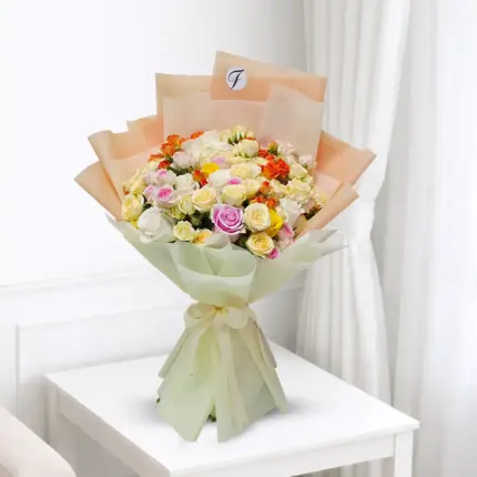 Mixed colour roses bouquet with fresh red, pink, yellow and white roses in Qatar