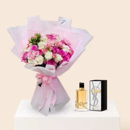 YSL Libre Eau De Parfum 90ml with elegant pink mixed roses bouquet combo gift delivery in Qatar