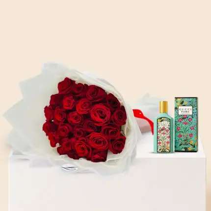 Gucci Flora Gorgeous Jasmine Eau de Parfum 100ml with red roses bouquet gift delivery in Qatar