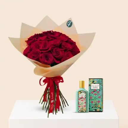 Gucci Flora Gorgeous Jasmine Eau De Parfum 100ml with 20 red roses bouquet combo gift delivery in Qatar