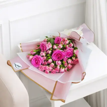 Luxury pink baby roses and pink roses bouquet with simple wrapping, flower delivery in Qatar