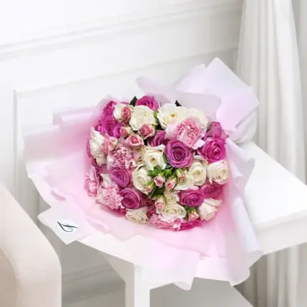 Pink baby roses, pink roses and mixed flowers luxury bouquet for flower delivery in Qatar