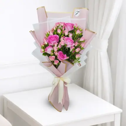Luxury pink baby roses and pink roses bouquet with simple wrapping, flower delivery in Qatar
