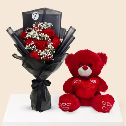 Red roses bouquet with red teddy bear combo gift for girlfriend birthday and anniversary in Qatar